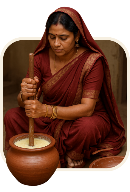 Authentic Vedic Bilona Churning in Clay Pot with Wooden Mathani
